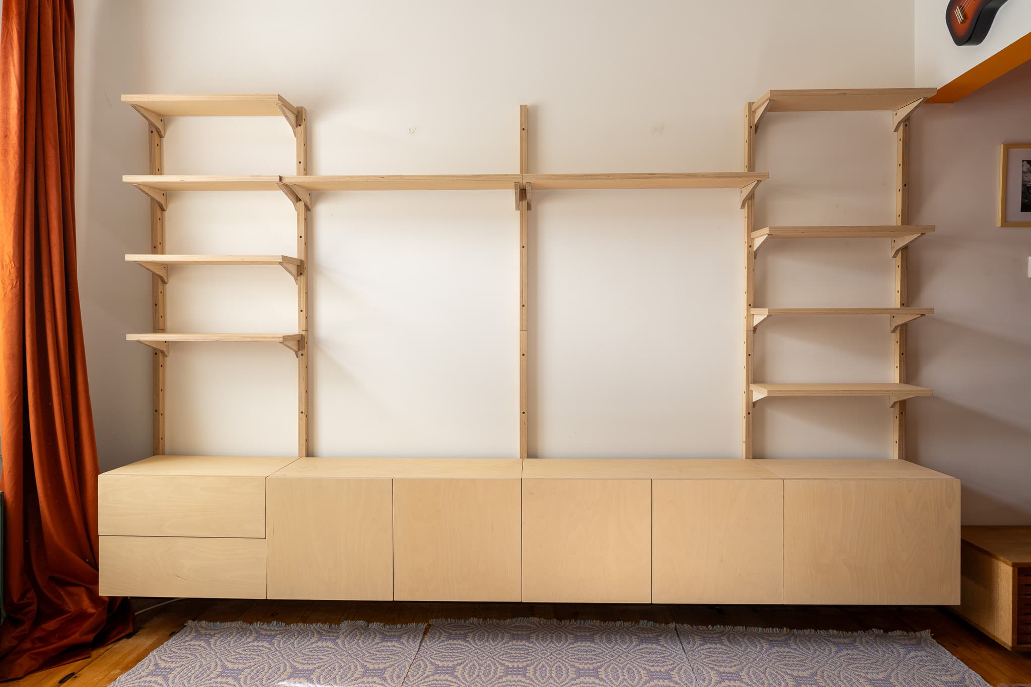 Front view of a complete Mestra shelving system
