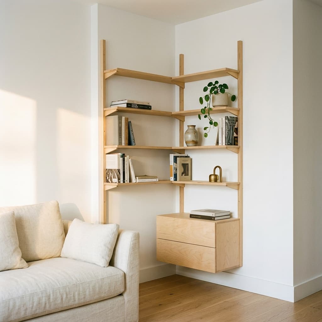 Bespoke wooden modular shelving units with an integrated cabinet in a living room