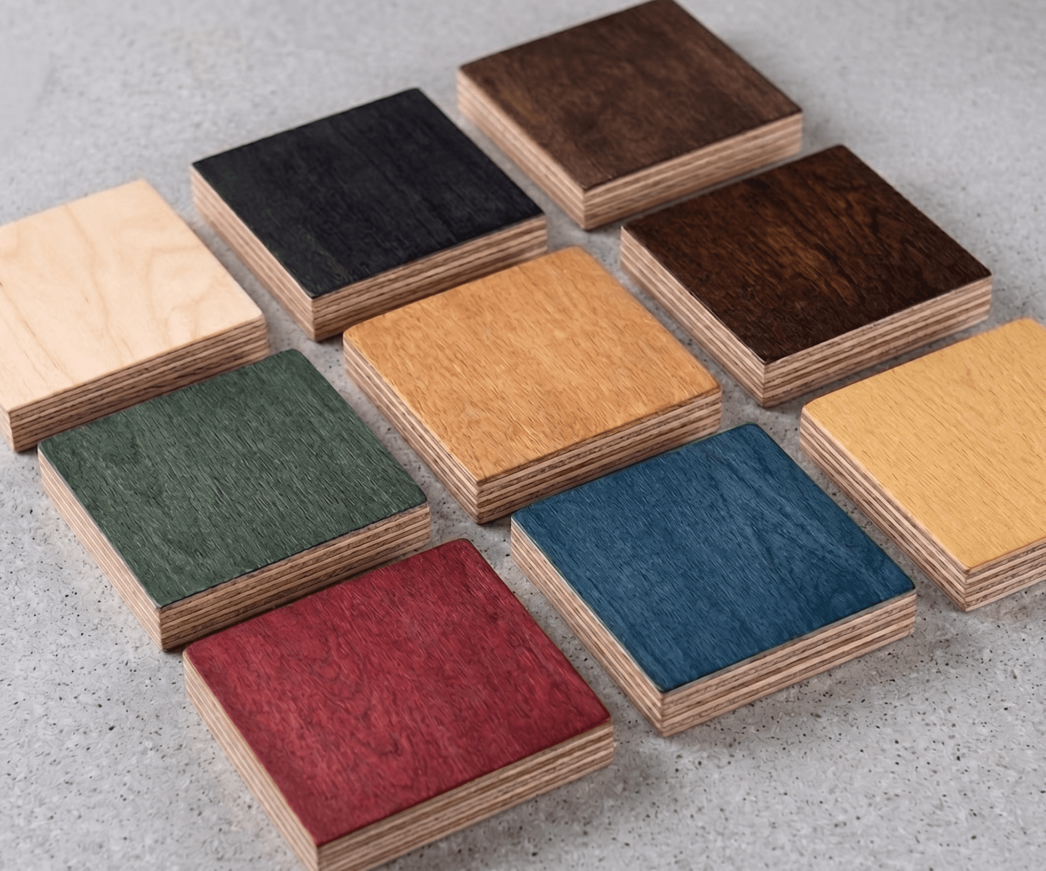 Finish samples for custom wooden modular shelving units and cabinets